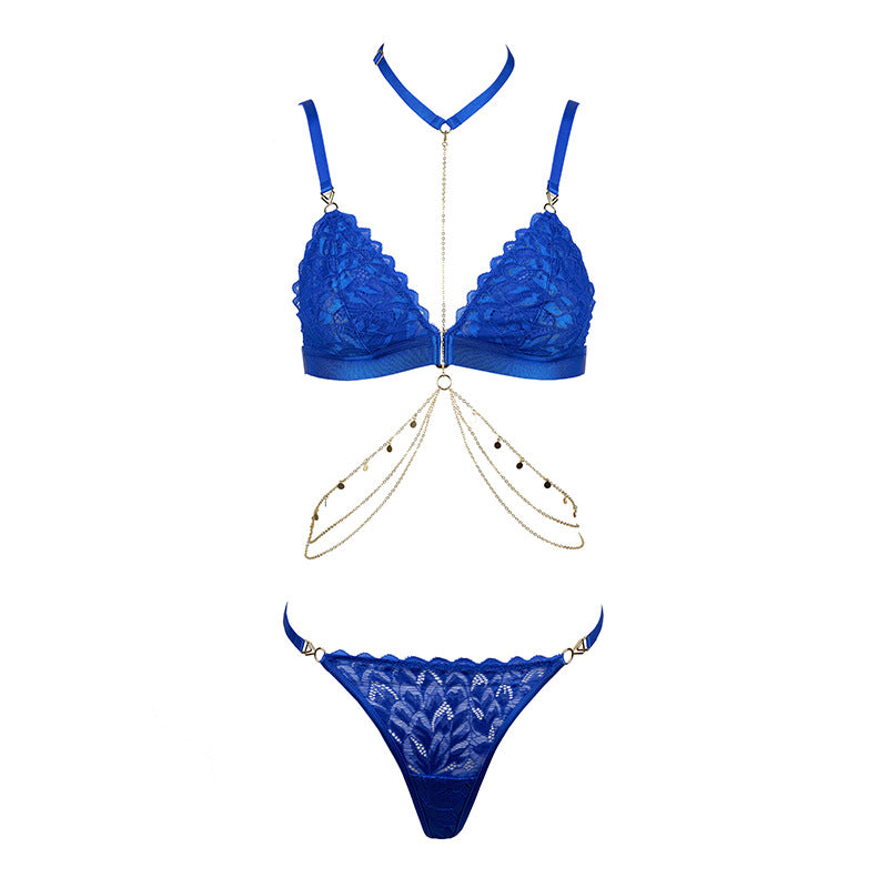 Freedombeauty | FQ2842 neck gold chain lace triangle cup bralette low waist thong French pure desire underwear set