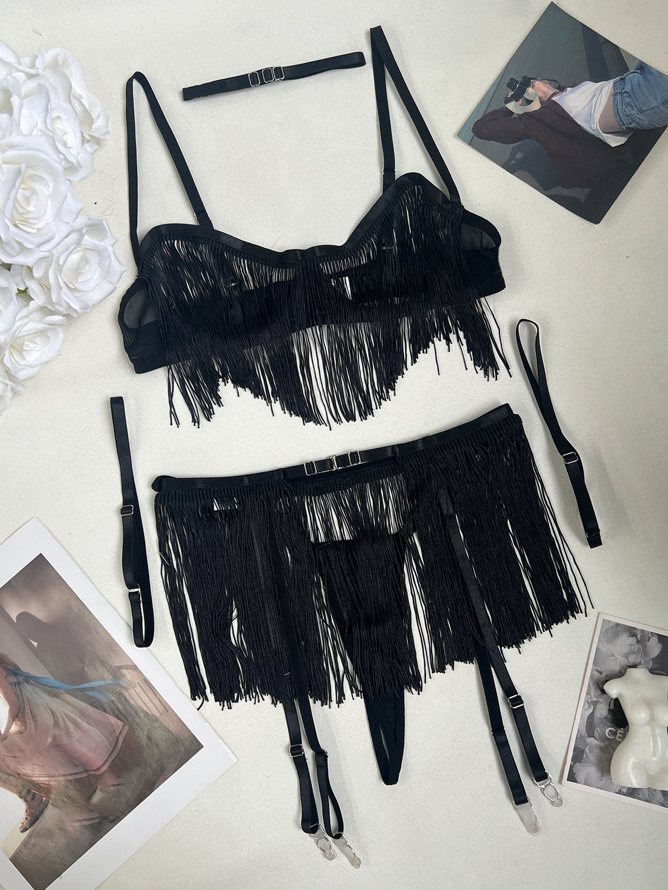 FREEDOMBEAUTY | Sexy Leaky Tassel Underwear Bra Ultra-thin Mesh Fun Set