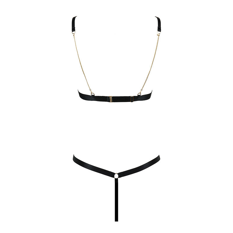 FREEDOMBEAUTY | FQ2844 Gold Chain Dual-purpose Shoulder Strap Lace Triangle Cup French Underwear No Steel Rim Low Waist Thong Set Black