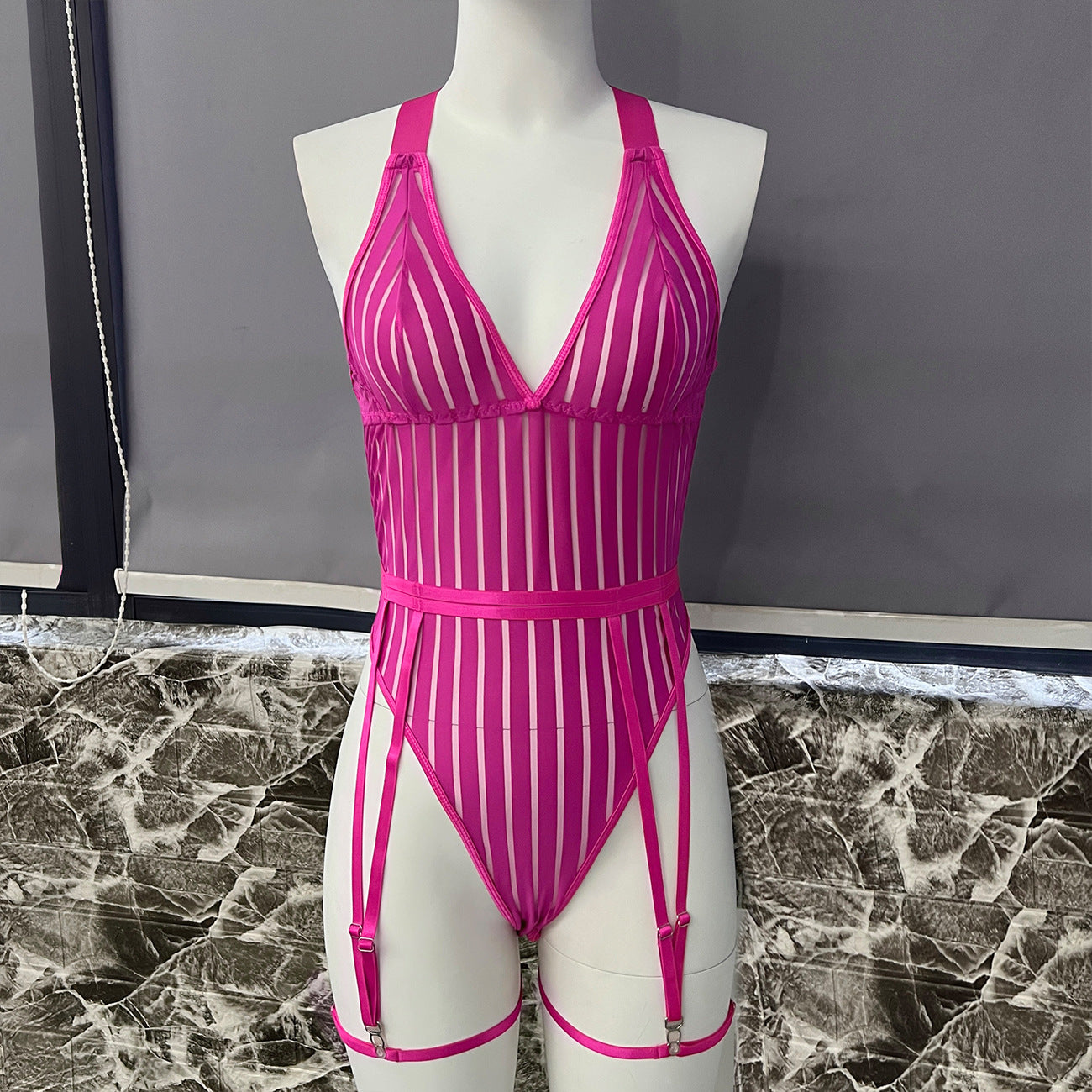 freedombeauty|Women's Striped Halter Perspective Mesh Splicing Shapewear