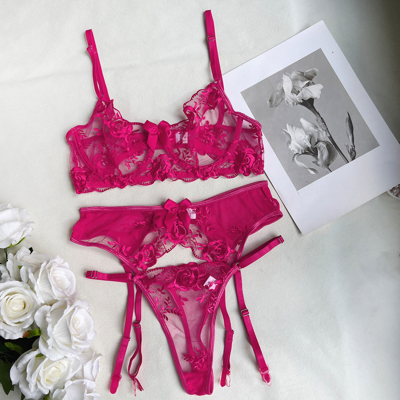 freedombeauty|Fashion Heavy Industry Star Embroidery Sexy Lace Up Suspender Underwear Kit