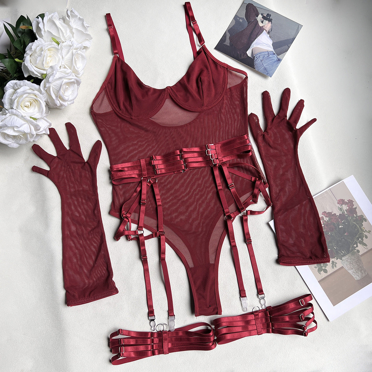 freedombeauty|Wear mesh bodysuit belt garter buckle open gear hidden buckle belt gloves underwear kit onesie