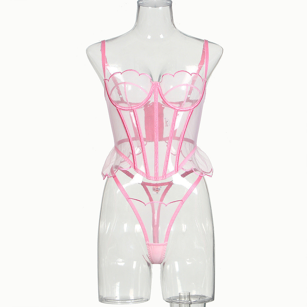 Freedombeauty | New body sculpting suspender, wavy mesh edge joint fish bone perspective sex underwear two-piece set
