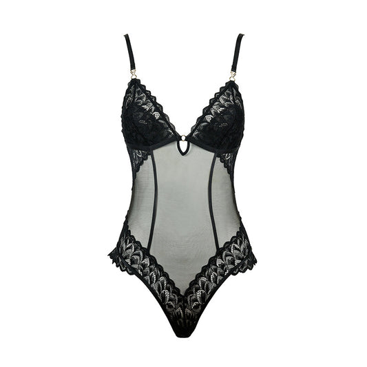 Freedombeauty | FQ2843 Glitter Mesh Lace Lightweight French Lingerie onesie Wave Bottom Open Button Cotton Sexy Ladies Black