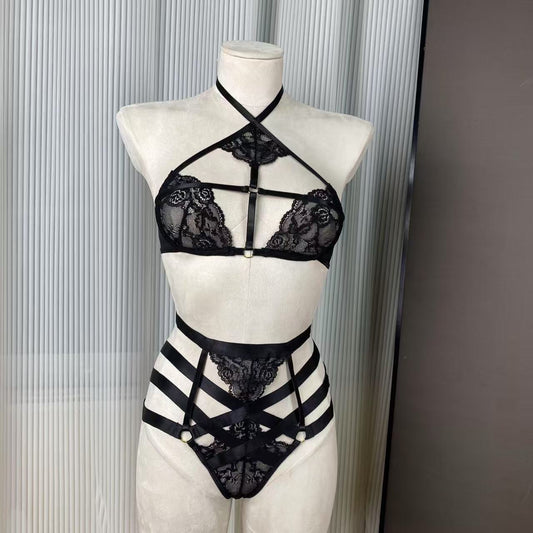 FREEDOMBEAUTY | FQ2727 Black lace neck light steel ring bra high waist multi-belt underwear women's sexy suit European and American cross-border