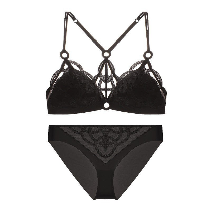 FREEDOMBEAUTY | French sexy back underwear women's big breasts show small large size underwear set thin mesh embroidered steel-rimless bra