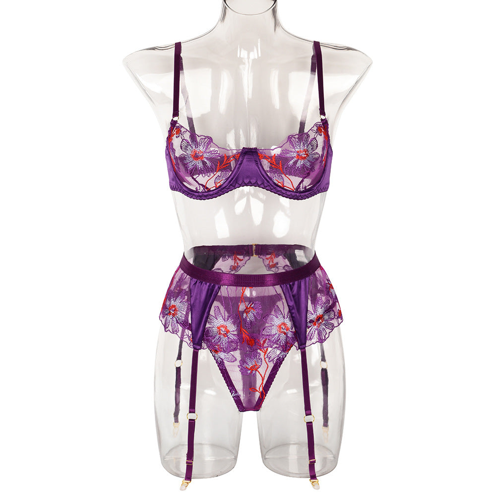 FREEDOMBEAUTY | INS new erotic underwear set, flower embroidery three-piece set with steel ring Holy Blue Muse 3101