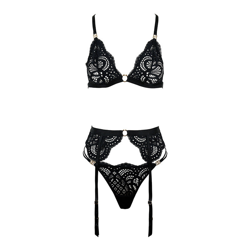 FREEDOMBEAUTY | FQ2841M204 French Pure Lace Triangle Cup Low Waist Thong U-Buckle Crossed Back Sexy Set