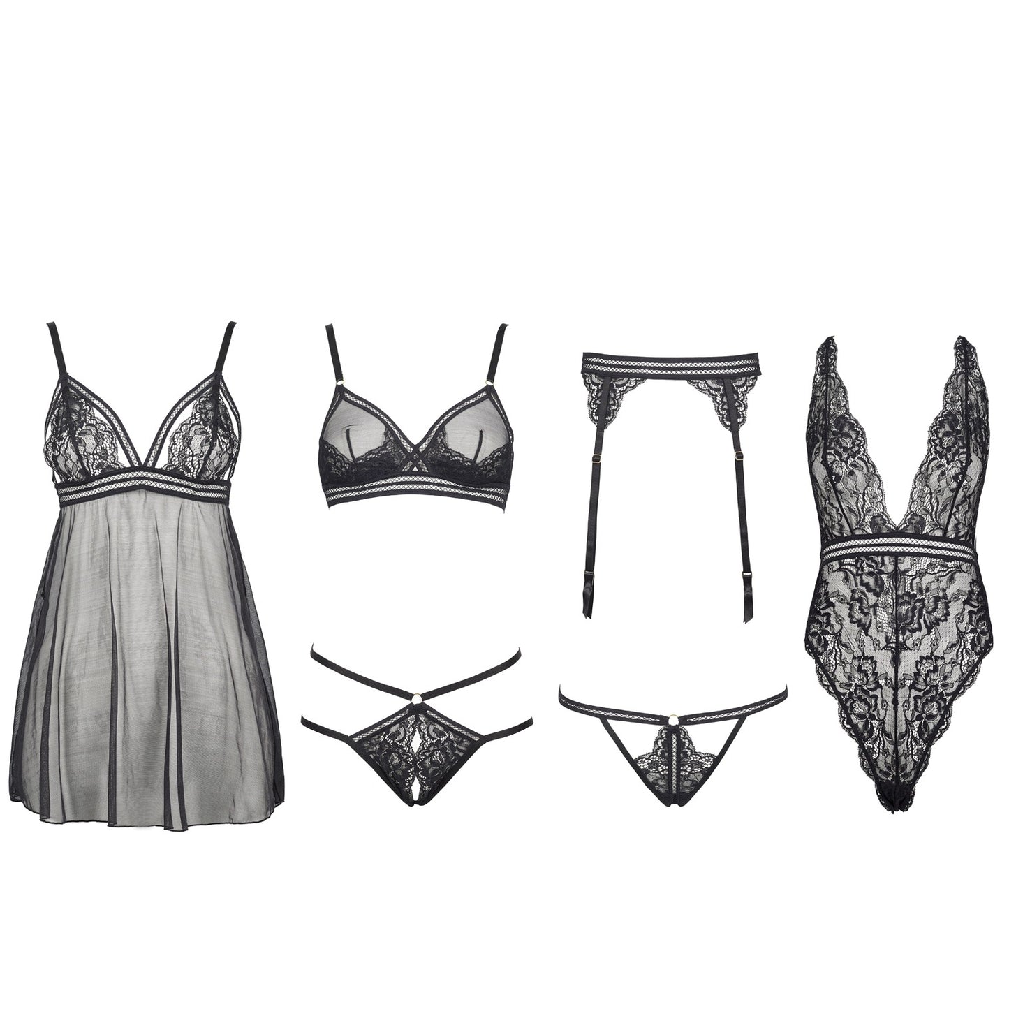 Freedombeauty | FQ2731 Black Lace Glitter Perspective Mesh Sexy Pajamas onesie Triangle Cup Low Waist Panties Garter Belt
