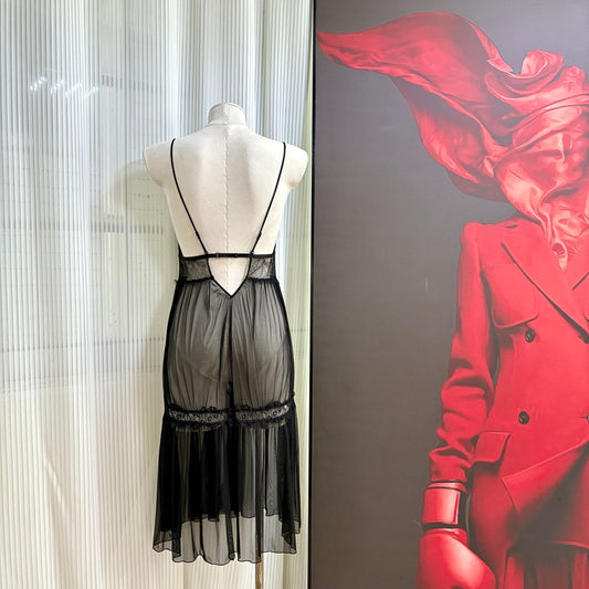 FREEDOMBEAUTY | FQ2869 Black eyelash lace transparent mesh dress pure lust seduction suspender backless dress European and American