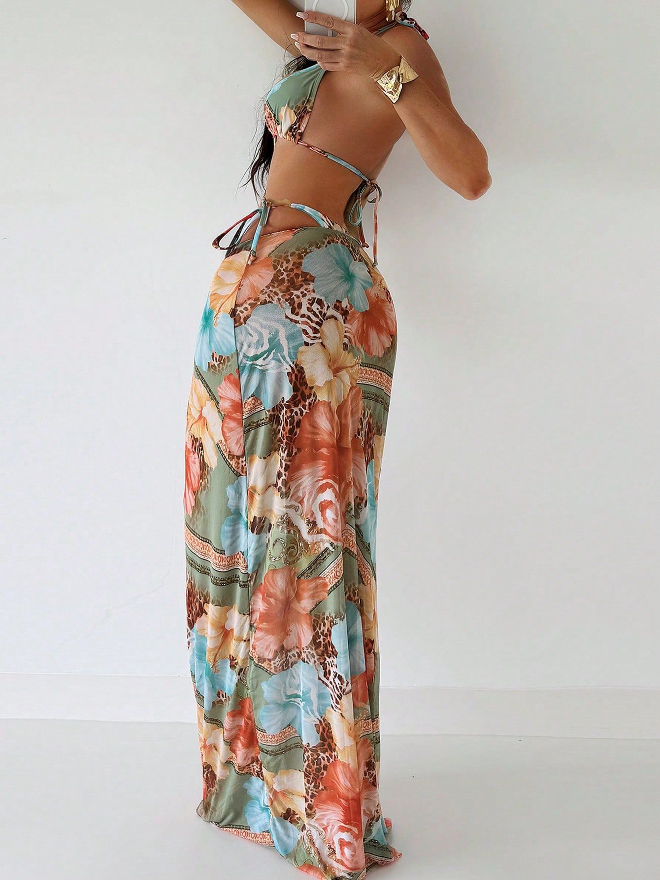 FREEDOMBEAUTY | Split bikini metal accessories with long skirt three-piece printed swimsuit women's factory direct sales wholesale