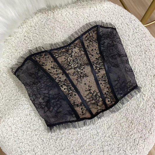 Freedombeauty | FQ2941 Hot Diamond Lace Fishbone Bust Wearing Waist Girdle Double Layer Three-breasted Lotus Leaf Mesh Edge No Chest Pad