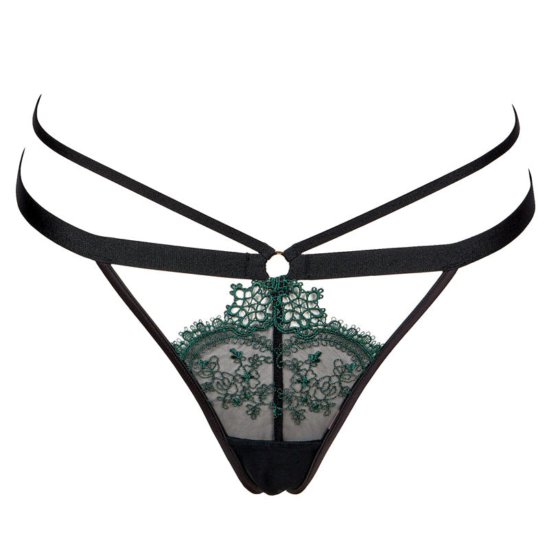 FREEDOMBEAUTY | FQ2765T212 Delicate Green Embroidery Black Mesh Removable Diamond Chain Neck Triangle Cup Thong Set