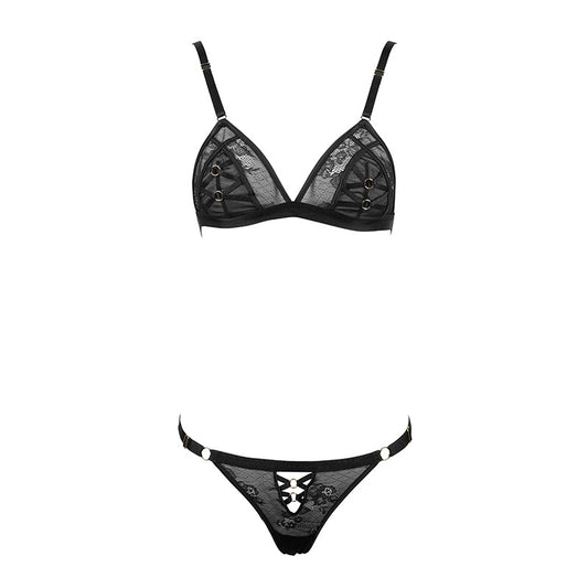 FREEDOMBEAUTY | FQ2844 Gold Chain Dual-purpose Shoulder Strap Lace Triangle Cup French Underwear No Steel Rim Low Waist Thong Set Black