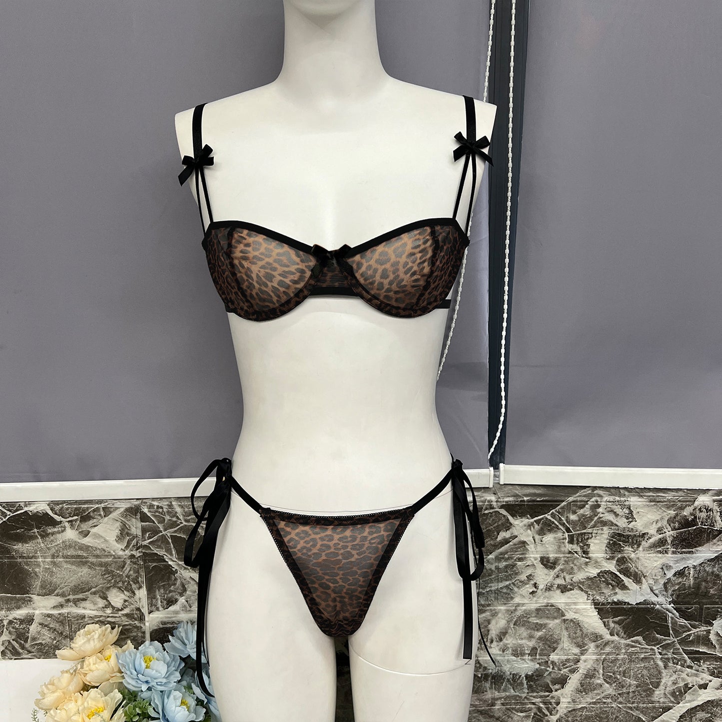 freedombeauty|Sexy leopard print underwear French bra ultra-thin mesh sex suit perspective