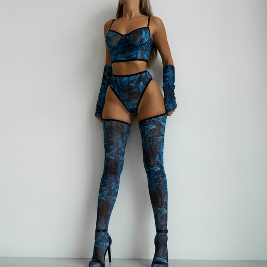 freedombeauty|New tie-dye sexy underwear 4-piece set, short vest, gloves, stockings, party sexy outerwear set