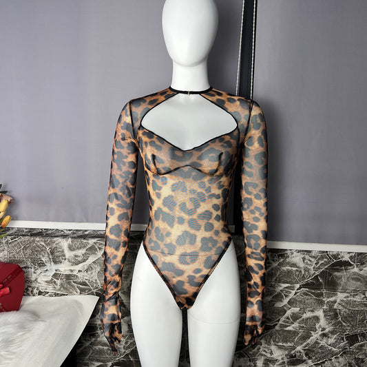freedombeauty|Fun leopard print bodysuit outerwear onesie with gloves onesie