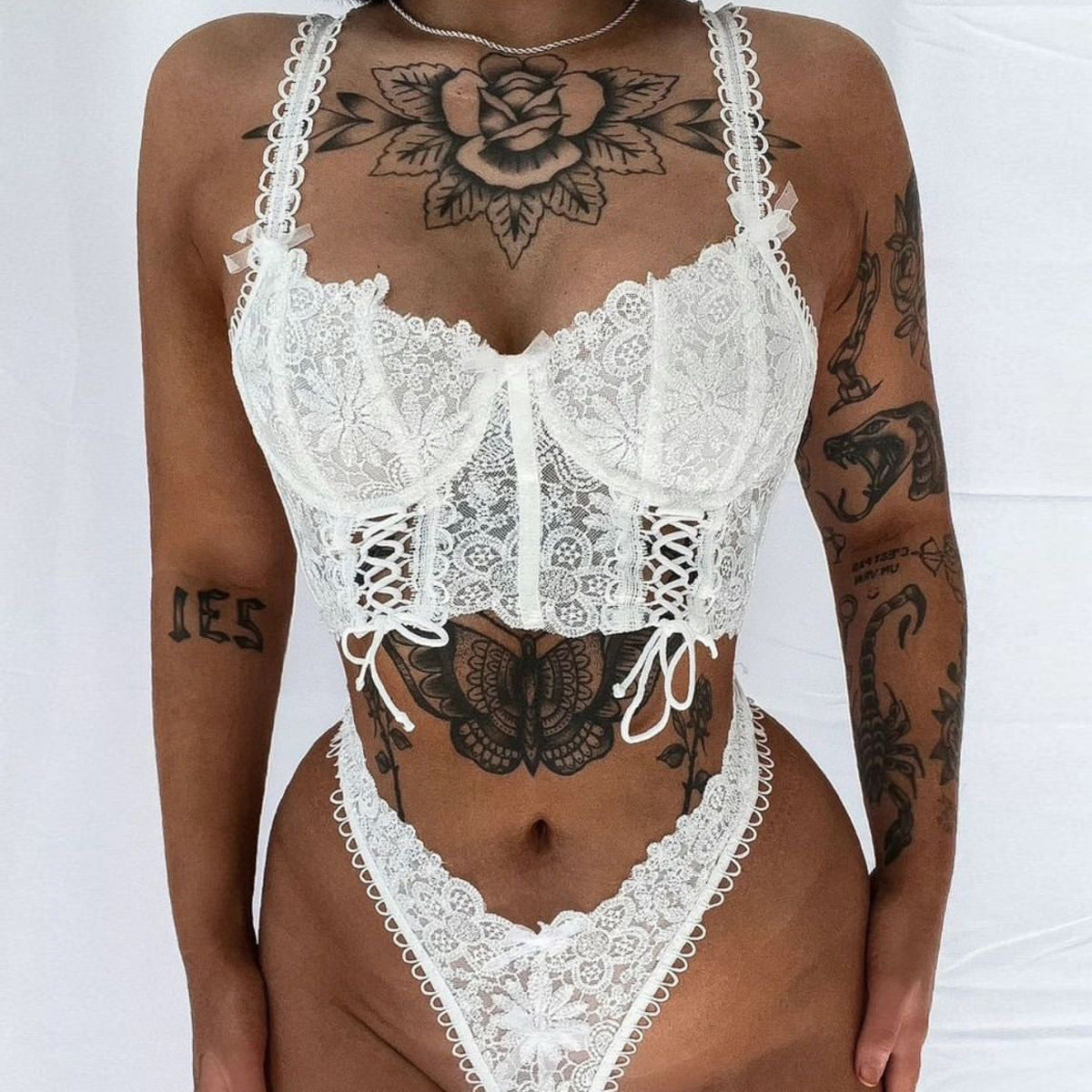 FREEDOMBEAUTY | Underwear INS new AliExpress Heavy Industry exquisite handmade lace-up lace splicing two-piece set 3107