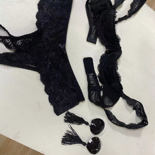 FREEDOMBEAUTY | FQ2618 Lace Sleeves Sponge Chest Pad Free Panties Sex Lingerie Set Female Seduction Black Stockings