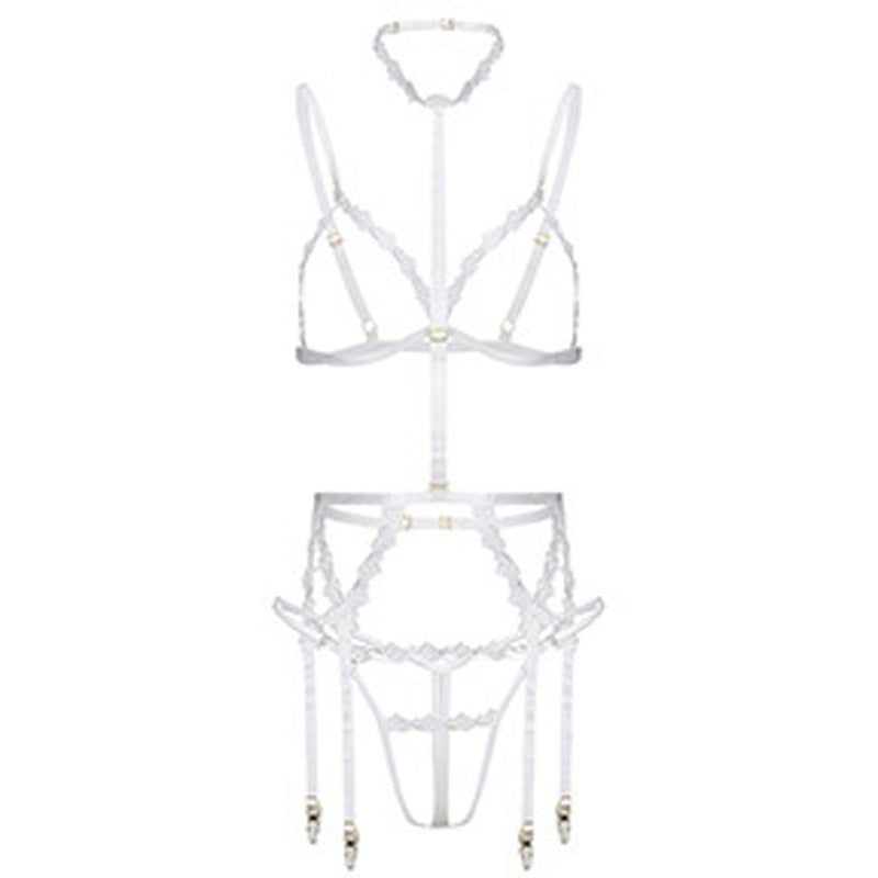 FREEDOMBEAUTY | FJ300 pink water-soluble flower hollow triangle cup adjustment shoulder strap neck garter belt open crotch thong three-piece set