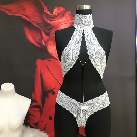 FREEDOMBEAUTY | FQ2294 neck lace removable rhinestone sexy women's onesie white cross-border European and American teddy