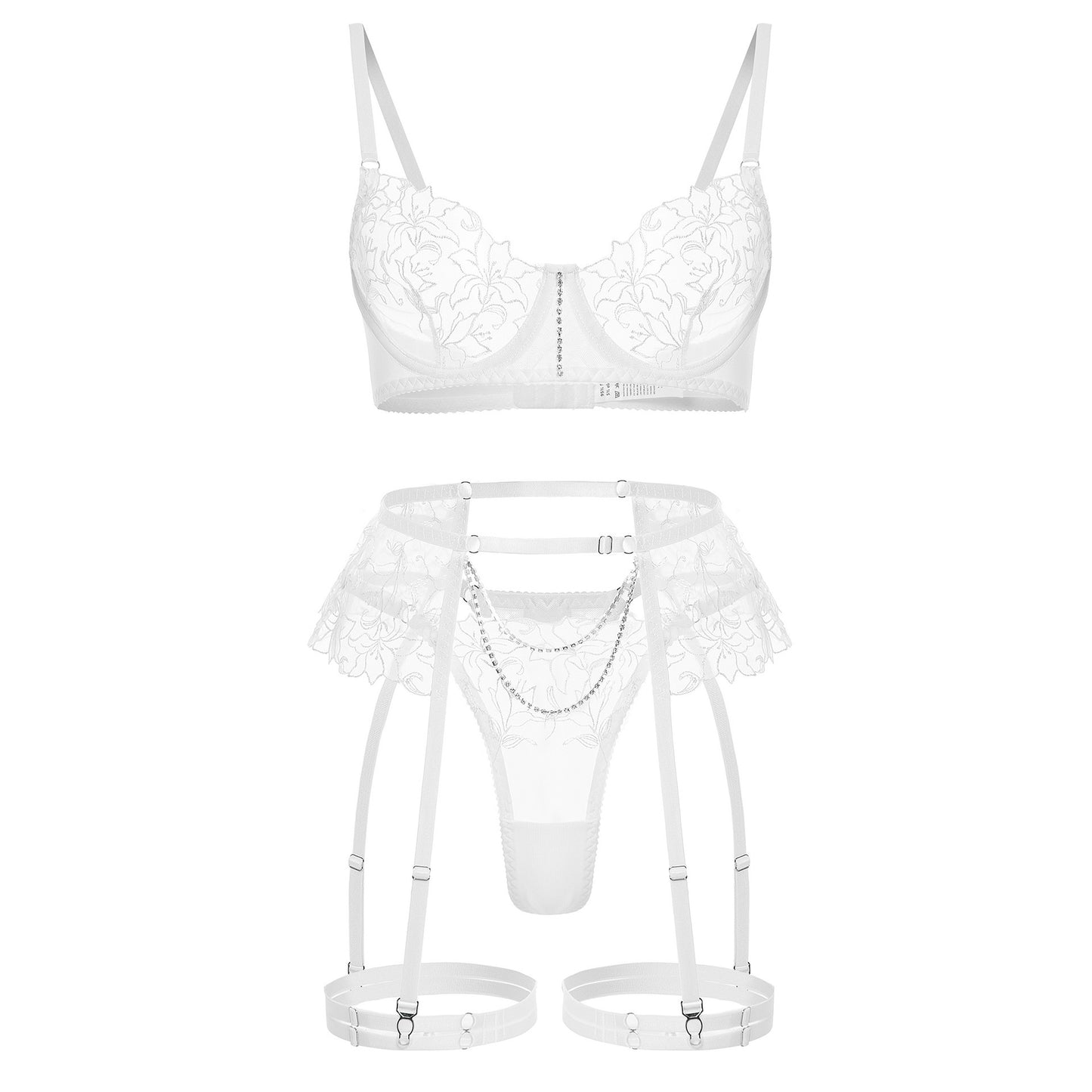 FREEDOMBEAUTY | New Hot Sale Fashion White Rhinestone Decorated Underwear Set Sexy Sex Underwear Set Embroidery