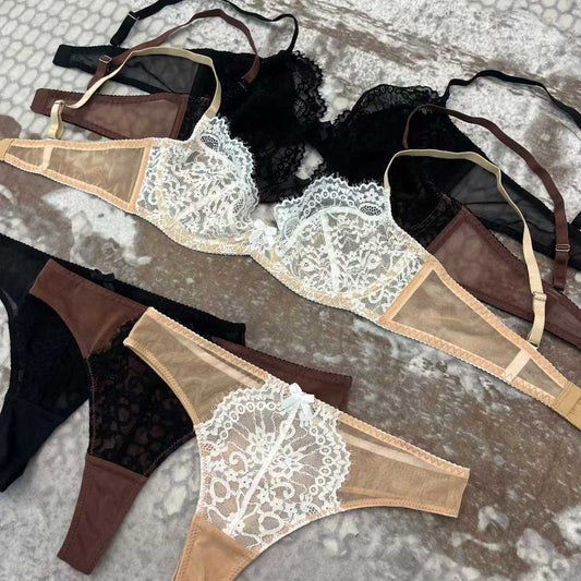 FREEDOMBEAUTY | French underwear ultra-thin and exquisite lace embroidered bra, foreign trade large chest, small anti-sagging gathering bra set