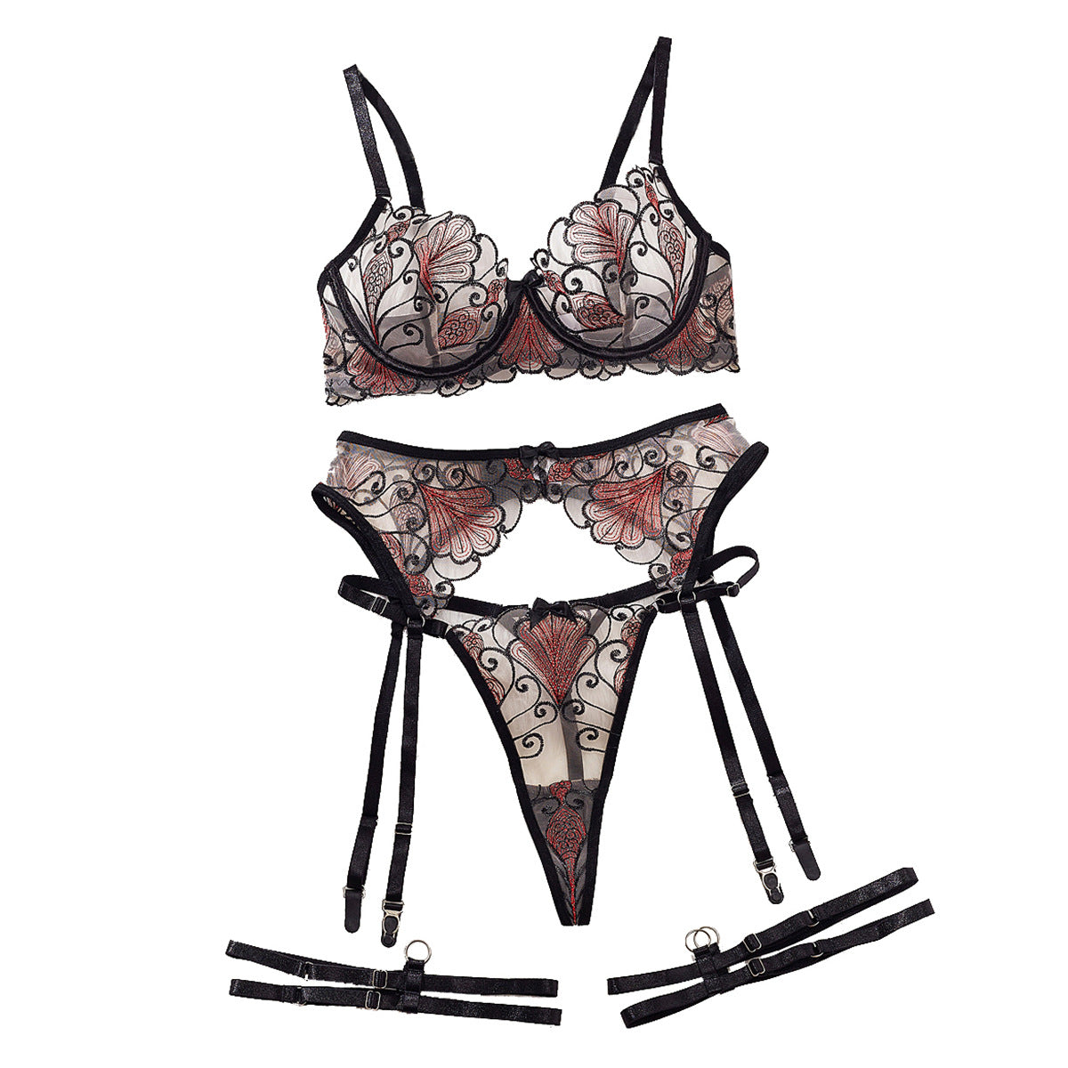 Freedombeauty | Summer new sex four-piece sexy perspective ginkgo biloba embroidered mesh bow low-cut underwear