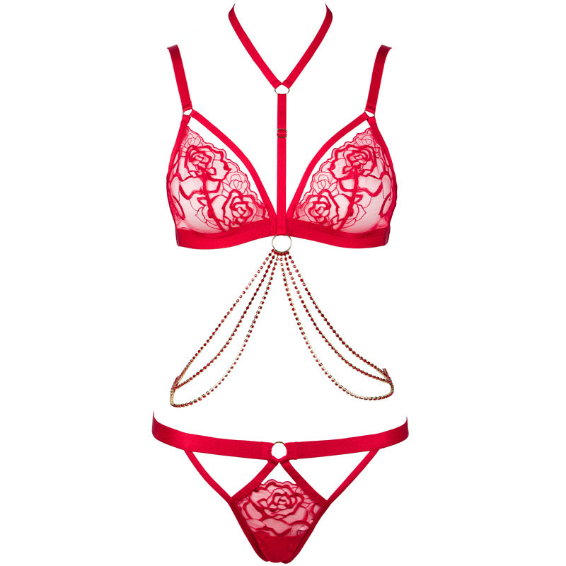 FREEDOMBEAUTY | FQ2787 neck diamond chain rose embroidery red French triangle cup hollowed out sexy low-rise T-pants women's cross-border