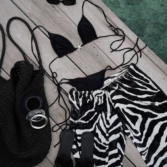 FREEDOMBEAUTY | 2025 new hot-selling zebra pattern mesh trousers three-piece bikini swimsuit female bikini sexy