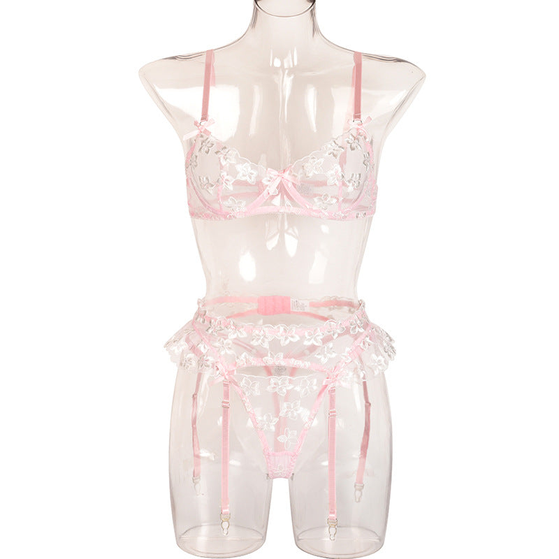 FREEDOMBEAUTY | Popular sex underwear women's three-piece winter new flower embroidery belt steel ring 3043