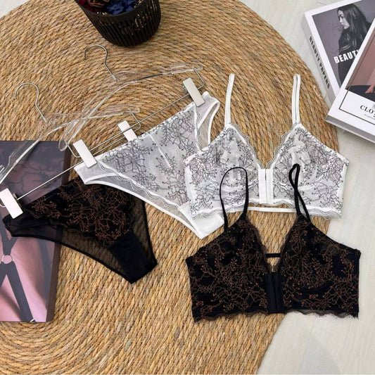 FREEDOMBEAUTY | French lace mesh embroidered underwear women's front buckle comfortable soft steel ring big chest small sexy ultra-thin bra set