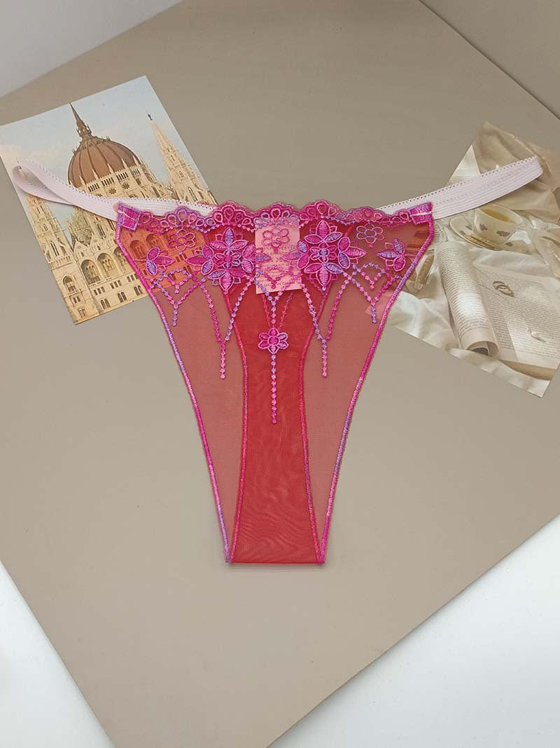 FREEDOMBEAUTY | Triple color green purple pink yellow transparent red mesh pattern embroidery sexy hollow women's sex thong cross-border