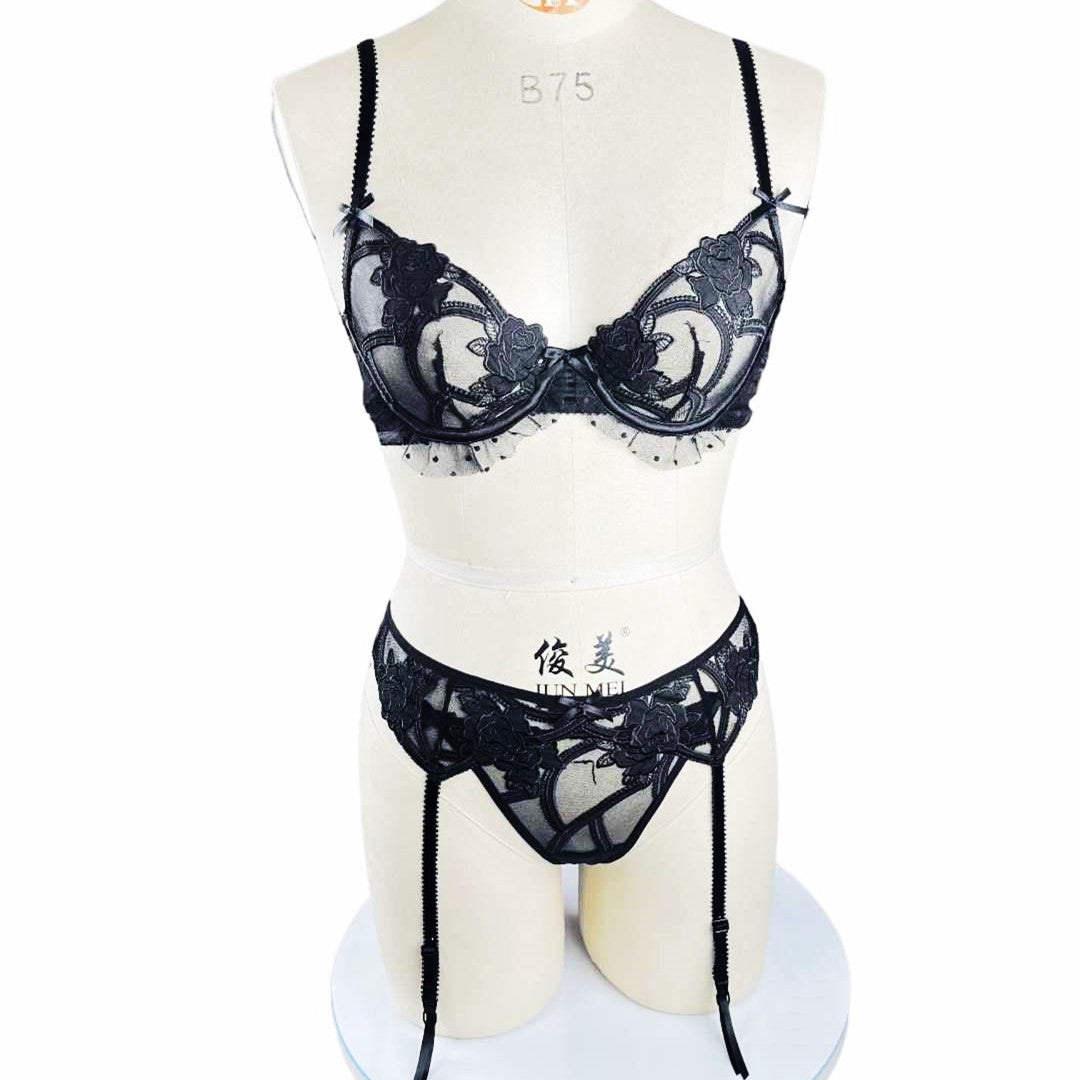 FREEDOMBEAUTY | French rose-embroidered lace underwear ultra-thin sexy spongless bra foreign trade trousers bra set bra
