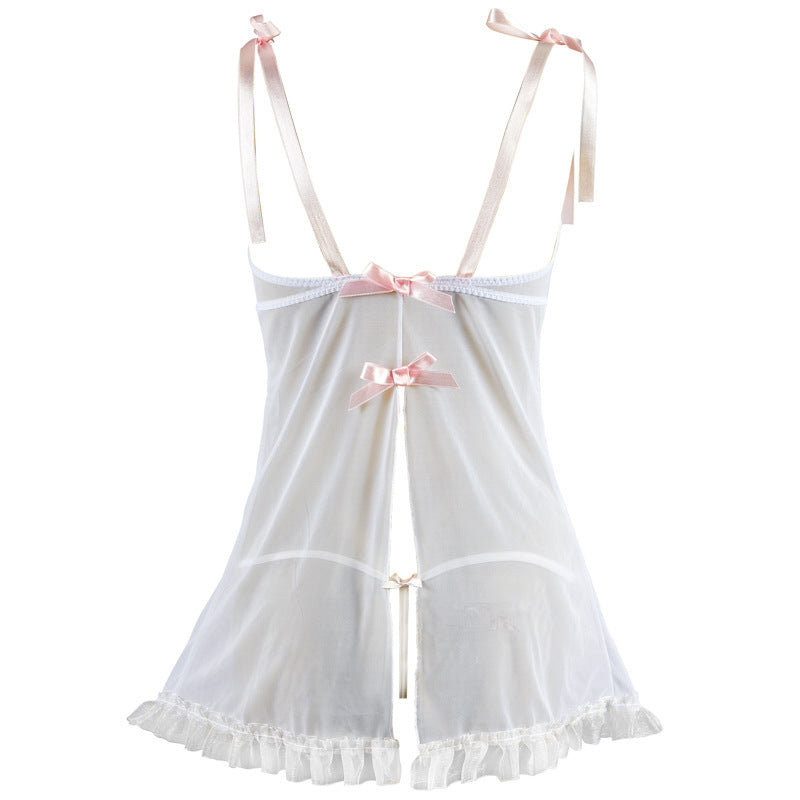 FREEDOMBEAUTY | FQ2660 ribbon strap nightdress lolita soft cute lace mesh bow T-pants without steel rim pajama set