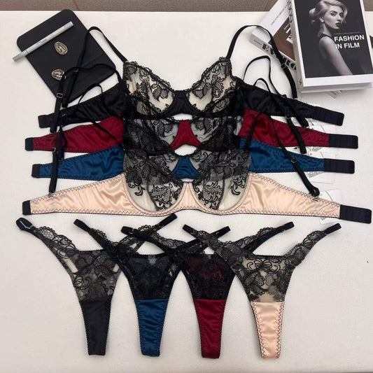 FREEDOMBEAUTY | lingerie foreign trade cross-border embroidery bra hollow lace edge sexy pants underwear bra two-piece set
