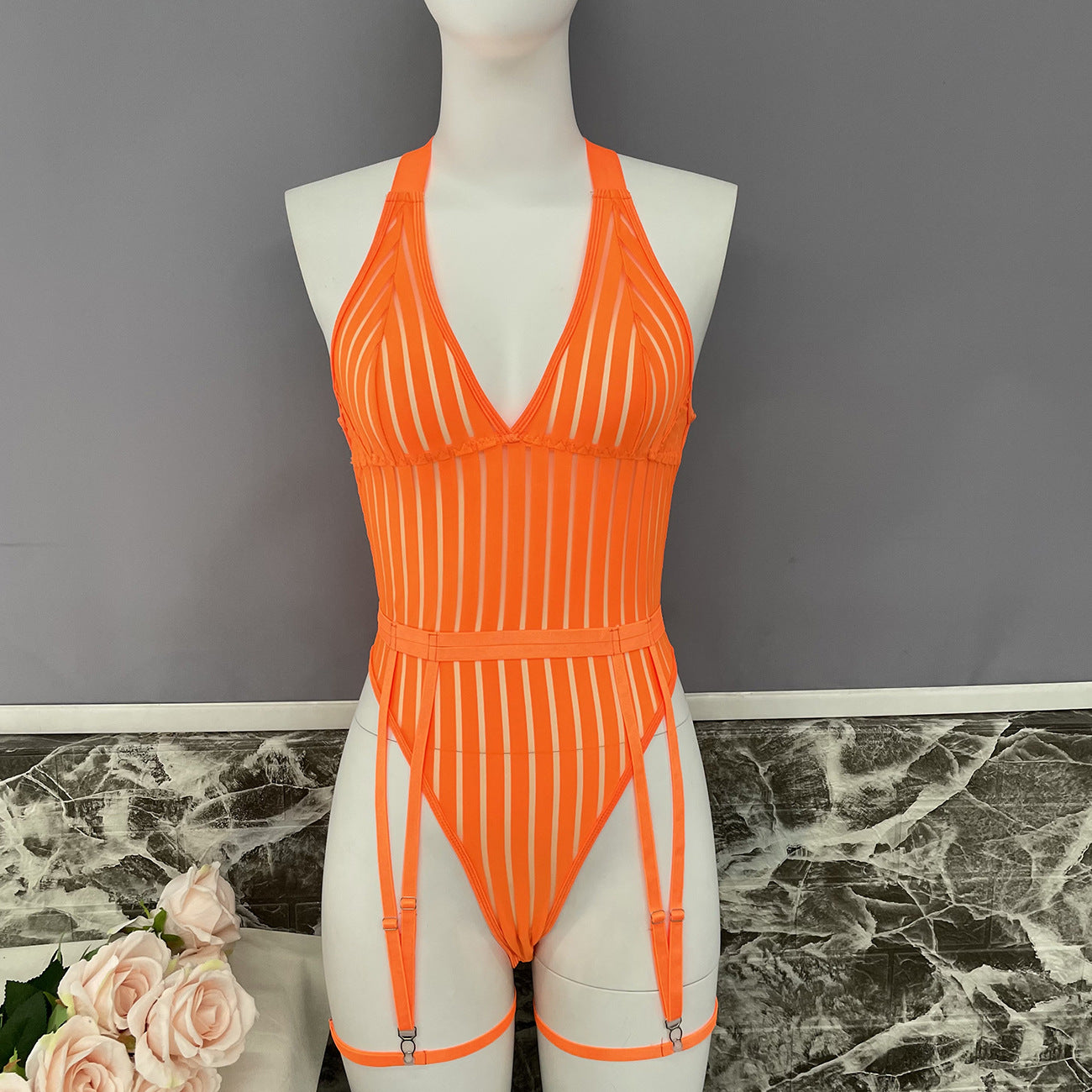 freedombeauty|Women's Striped Halter Perspective Mesh Splicing Shapewear