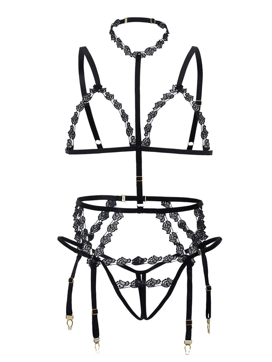 FREEDOMBEAUTY | FJ300 pink water-soluble flower hollow triangle cup adjustment shoulder strap neck garter belt open crotch thong three-piece set