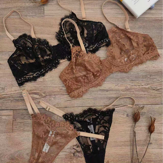 FREEDOMBEAUTY | French lace underwear sponge-free sexy bra foreign trade big breasts small gathering bra set Lingerie