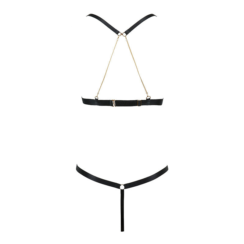 FREEDOMBEAUTY | FQ2844 Gold Chain Dual-purpose Shoulder Strap Lace Triangle Cup French Underwear No Steel Rim Low Waist Thong Set Black