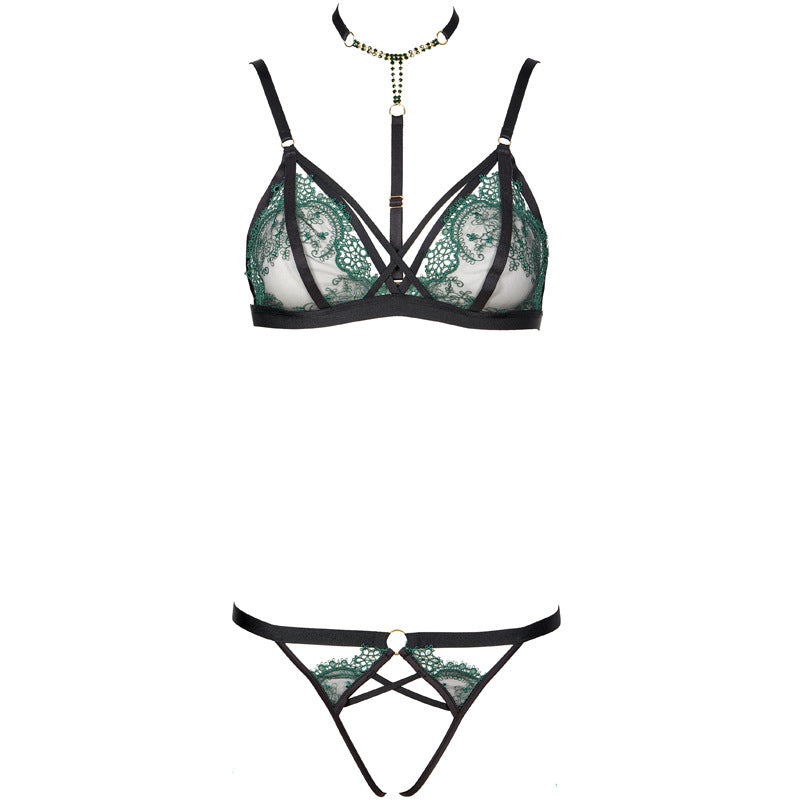 Freedombeauty | FQ2765 Premium Embroidered Mesh Thin Transparent Sex Underwear Rhinestone Removable T-Scrotch Garter Set