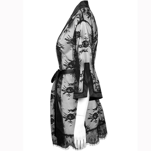 FREEDOMBEAUTY | FQ2834 Nylon lace eyelashes black perspective temptation medium sleeve private nightgown women cross-border European and American black