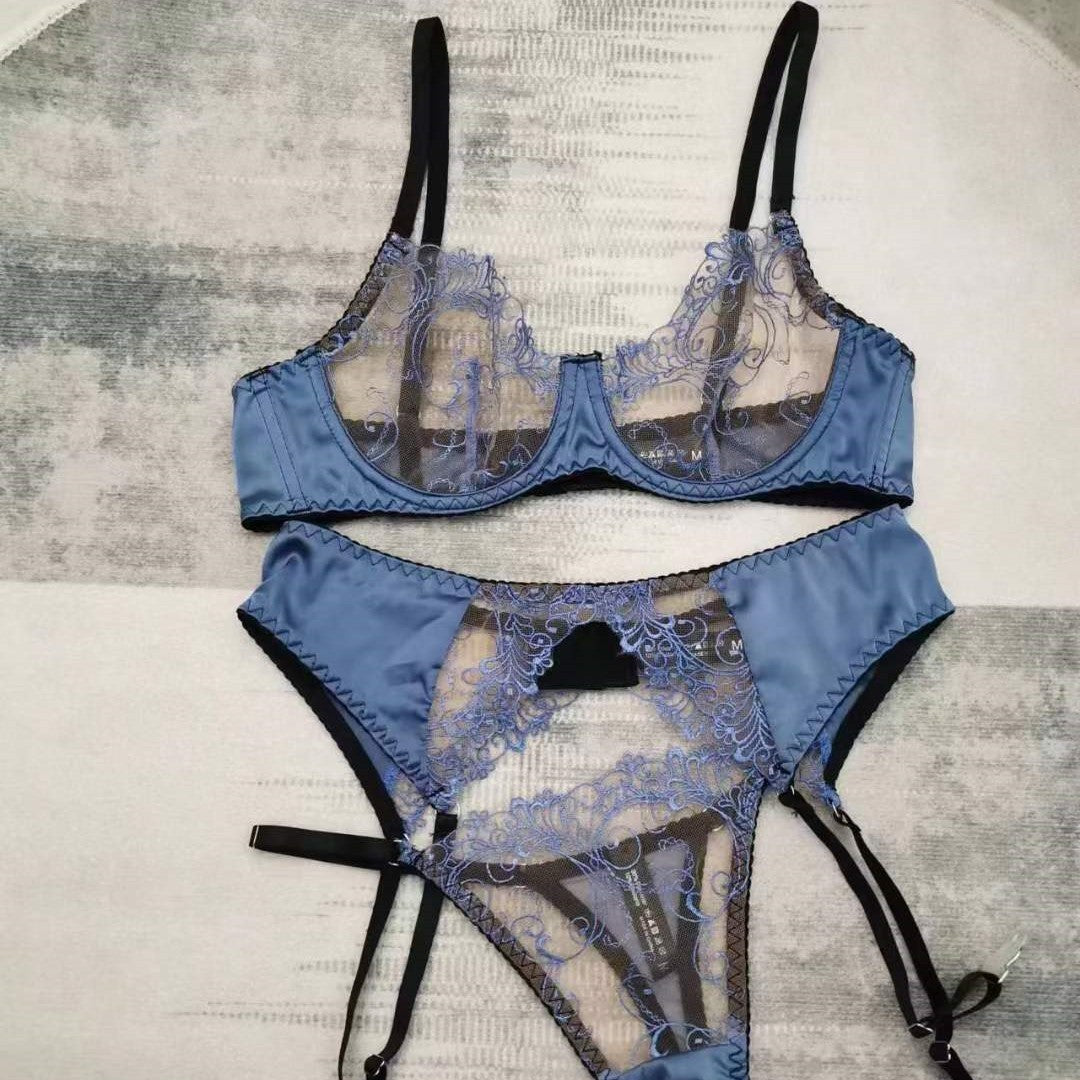 FREEDOMBEAUTY | Sexy sex underwear French ultra-thin transparent lace underwear large breasts small anti-sagging bra three-piece set