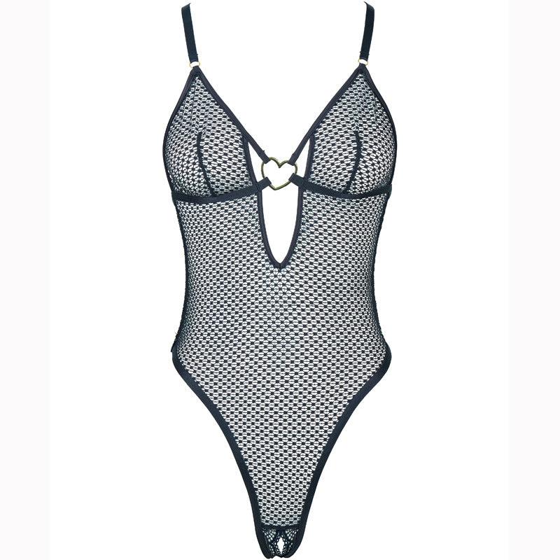FREEDOMBEAUT | FQ2828 Flower Mesh Metal Heart Button Crotch onesie black sexy see-through female seduction sex cross