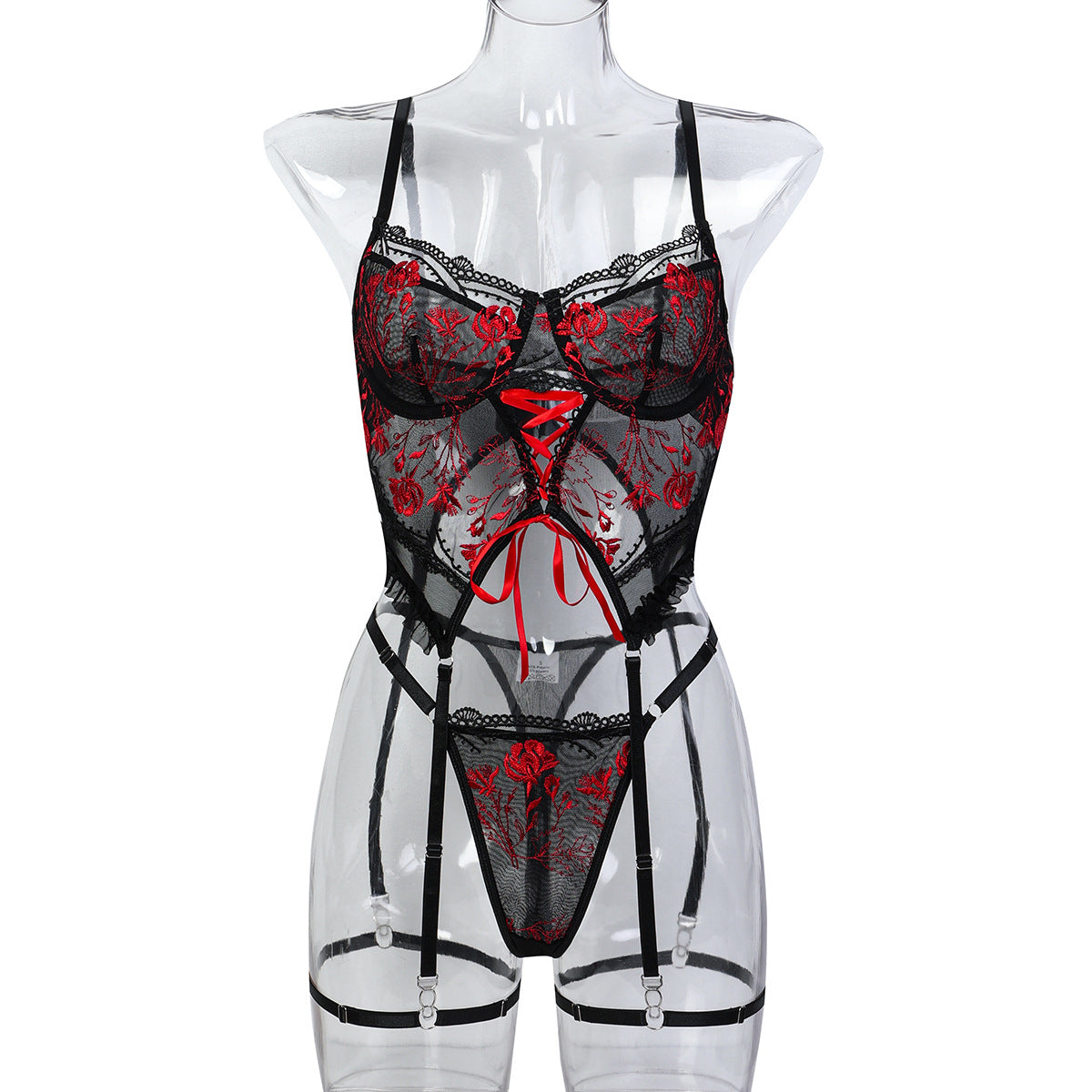 FREEDOMBEAUTY | Flower Embroidery Cross Strap Women's Sexy Underwear Sex Three-piece Set 3663