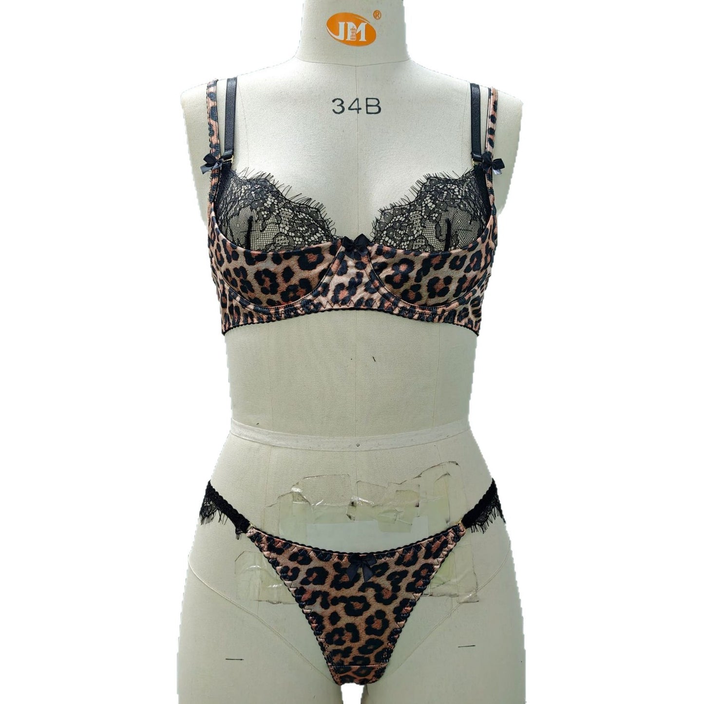 FREEDOMBEAUTY | European and American cross-border foreign trade new sexy leopard print splicing black lace eyelash edge women's bow bra set