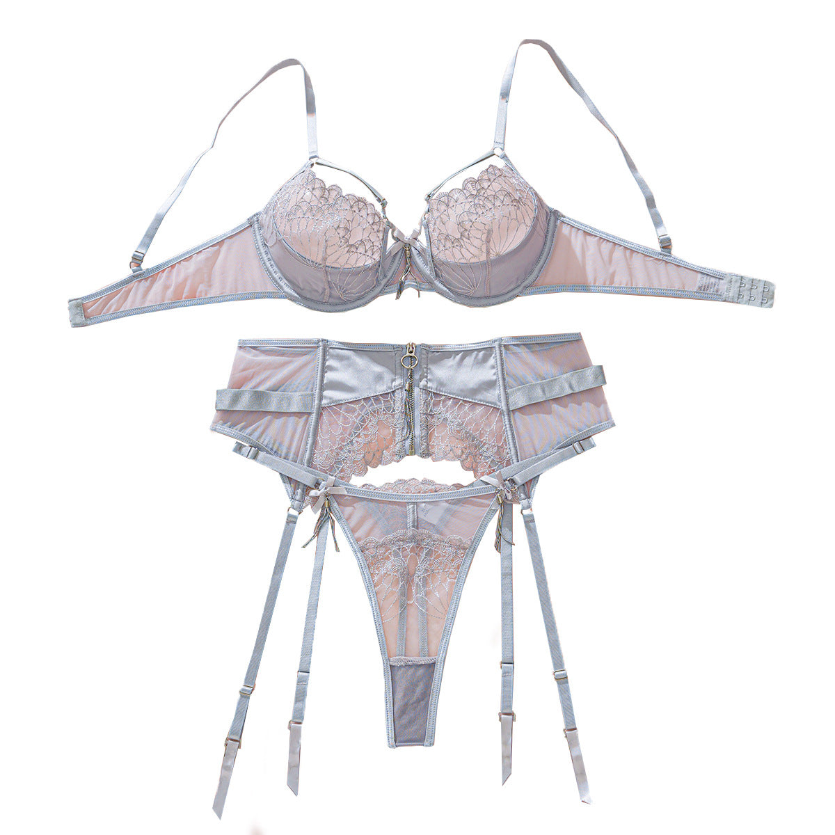 Freedombeauty | Sex Bra Set Perspective Embroidery Mesh Joining Sexy Underwear Three-piece Set