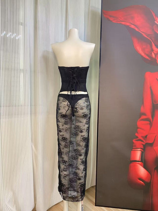 FREEDOMBEAUTY | FQ2966 SKIMS Kardashian fishbone jacket backup lace perspective dress babes sexy cross-border