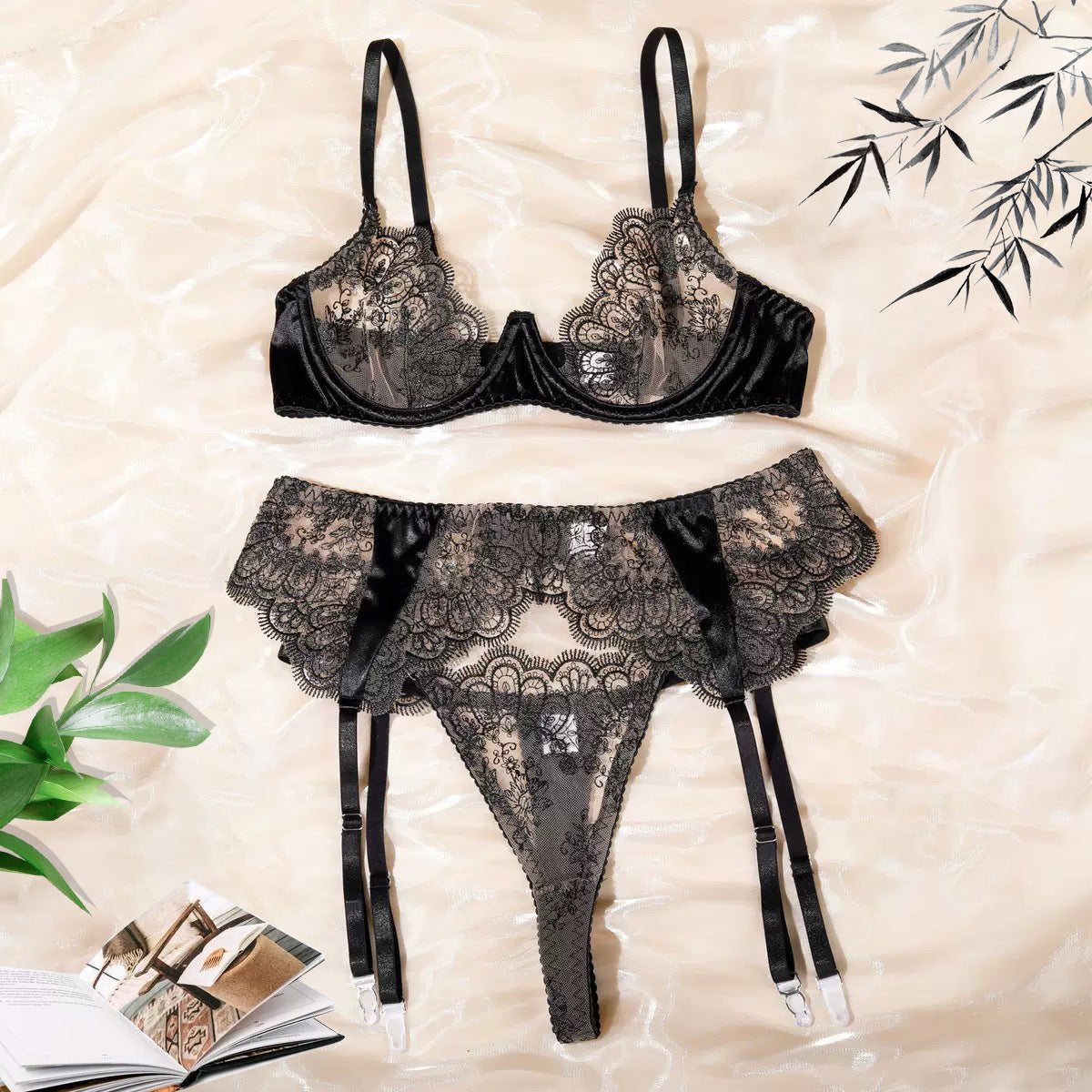 freedombeauty| hot-selling black erotic underwear set perspective lace eyelashes lace flirting seduction sexy bra