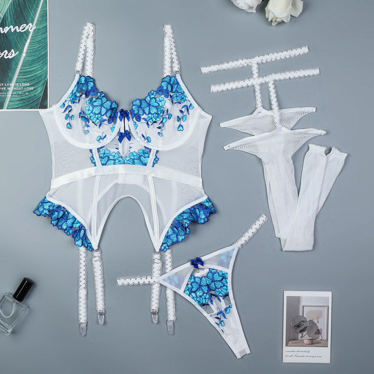 FREEDOMBEAUTY | Long net socks with legs beautifully embroidered flowers black and white splicing playful waist suspender three-piece lingerie 3576